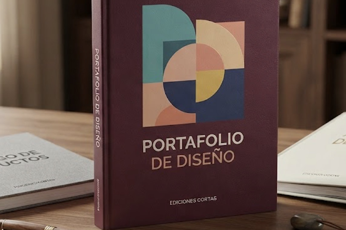 Libro con portada impresa a color, de pie sobre un escritorio