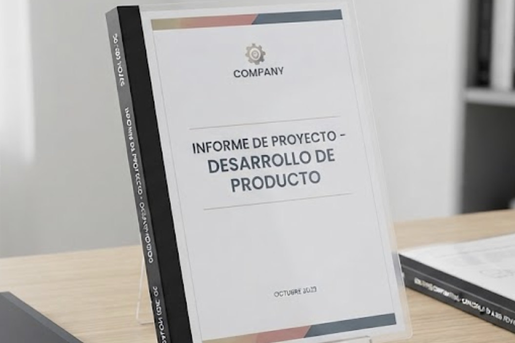 Informe termoencuadernado con tapa transparente y lomo negro, sobre un atril